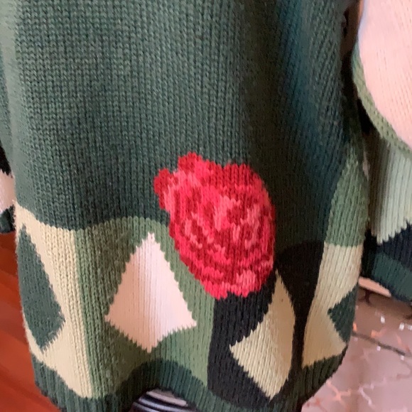 Forenza Green/White Thick Cardigan with Rose Size Medium - Picture 6 of 8